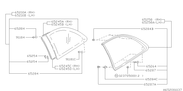 1998 Subaru Impreza Dam Rubber Rear Quarter Glass Diagram for 65284FA060