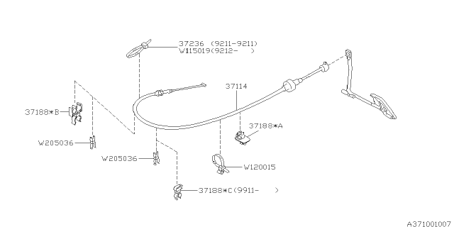 1995 Subaru Impreza Throttle Accelerator Cable Assembly Diagram for 37114FA050