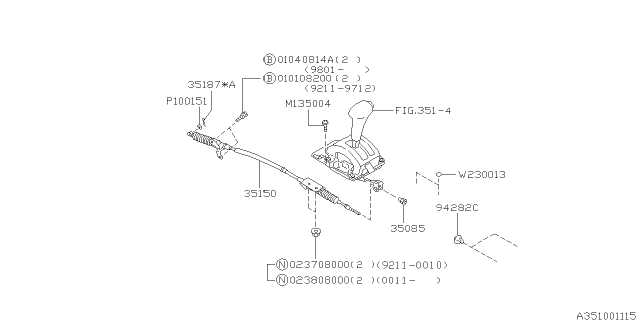 2001 Subaru Impreza Select Lever Cable Assembly Diagram for 35151FA040