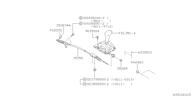 1998 Subaru Impreza Select Lever Cable Assembly Diagram for 35151AC070