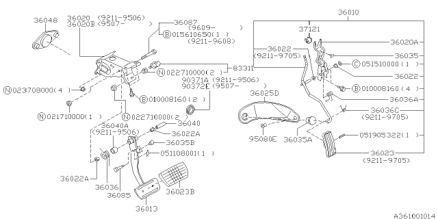 1993 Subaru Impreza Brake Pedal Diagram for 36013AA020