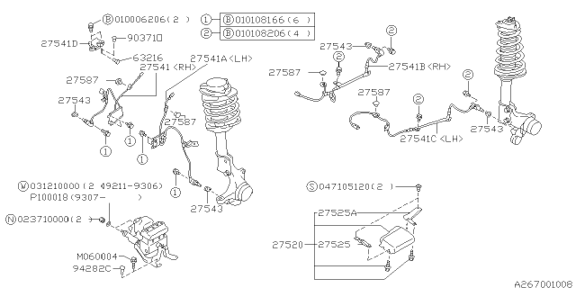 1994 Subaru Impreza Rear LH Sensor Sub Assembly Diagram for 26740AA030