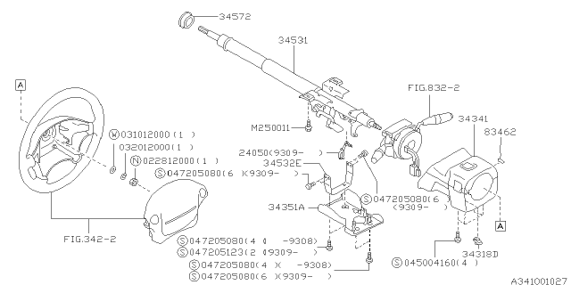 1995 Subaru Impreza Column Cover Assembly Tilt Diagram for 34340FA020ML