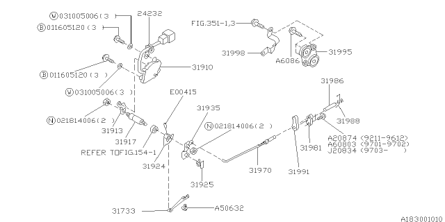 1997 Subaru Impreza Lever Complete Range Selector Diagram for 31913AA062