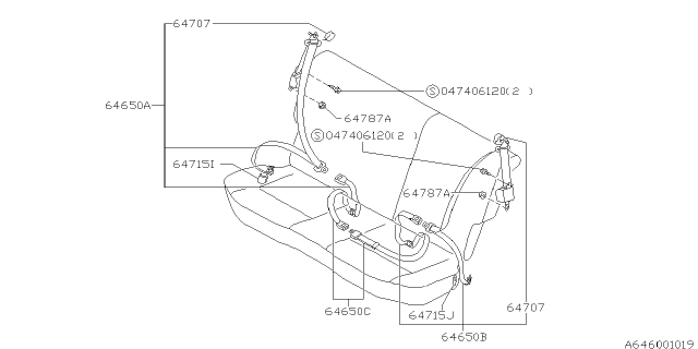 1998 Subaru Impreza Seat Belt Set Rear Center Diagram for 64669FA620GC