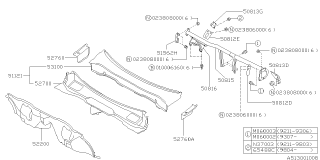 2000 Subaru Impreza Toe Board & Front Panel & Steering Beam Diagram