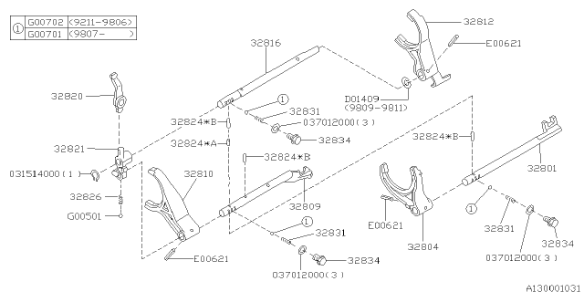 1999 Subaru Impreza Lever Complete Shift Reverse Diagram for 32820AA070