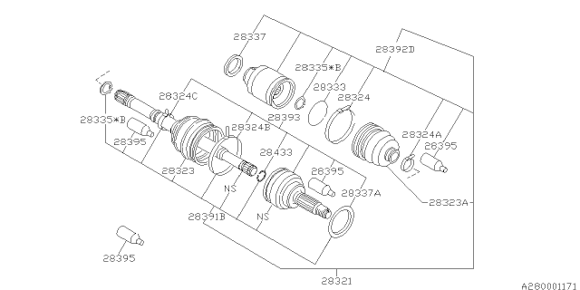 2001 Subaru Impreza Front Drive Shaft Assembly Diagram for 28021AC210