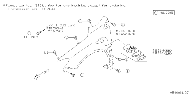 2019 Subaru WRX STI Fender Front Sdn RH Diagram for 57120VA0009P