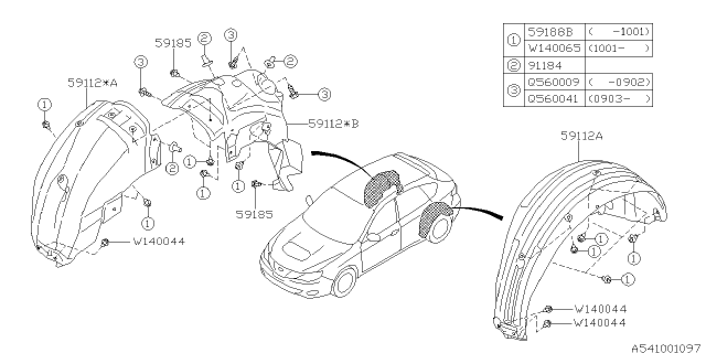 2009 Subaru Impreza WRX Mud Guard Rear LH Diagram for 59122FG030