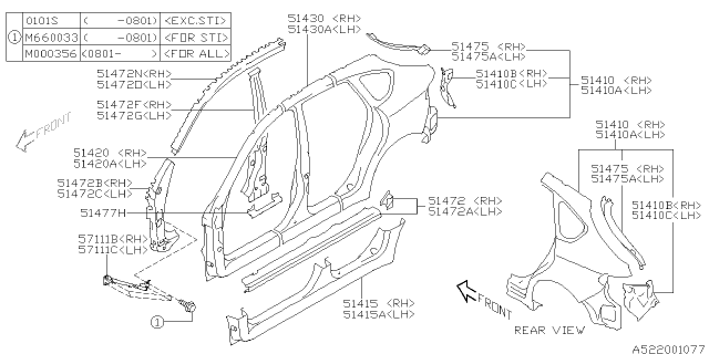 2008 Subaru Impreza STI Pillar Complete Front Out RH Diagram for 51419FG0209P