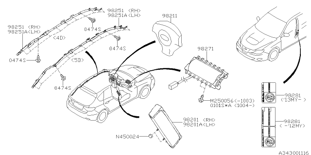 2010 Subaru Impreza WRX Air Bag Modules Assembly C WLH Diagram for 98251FG050