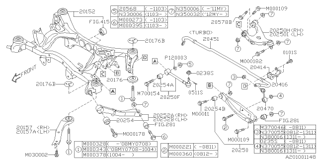 2011 Subaru Impreza WRX Rear Suspension Frame Sub Assembly Diagram for 20152FG040