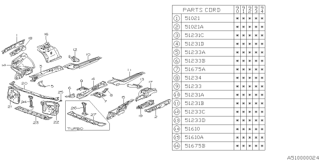 1991 Subaru Legacy Frame Side Complete RH Diagram for 51231AA301