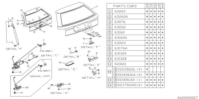 1994 Subaru Legacy Rear Gate Stay Assembly, Right Diagram for 62350AA080