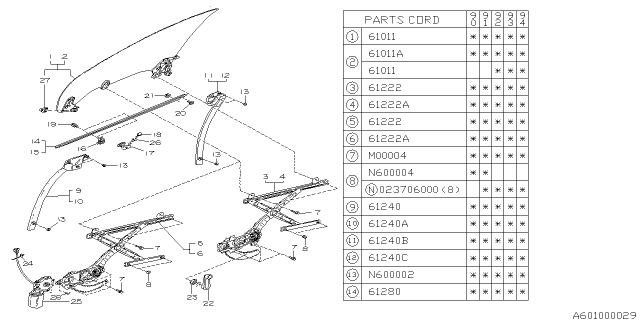 1991 Subaru Legacy Regulator Complete Rear LH Diagram for 62100AA090