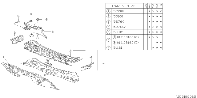 1991 Subaru Legacy Toe Board & Front Panel & Steering Beam Diagram 2