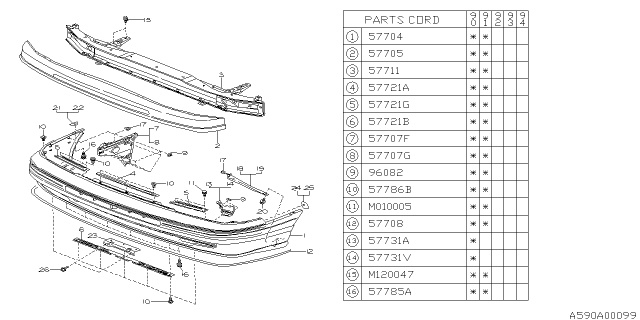 1990 Subaru Legacy Bumper Face Front Diagram for 57720AA010