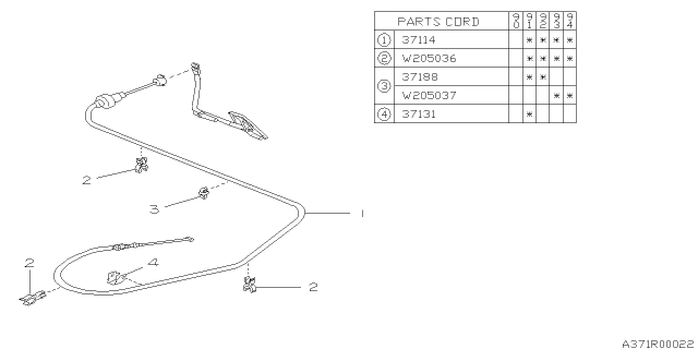 1991 Subaru Legacy Throttle Accelerator Cable Assembly Diagram for 37114AA040