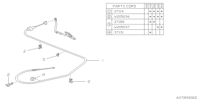 1991 Subaru Legacy Throttle Accelerator Cable Assembly Diagram for 37114AA110