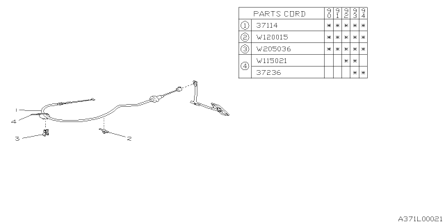 1993 Subaru Legacy Throttle Accelerator Cable Assembly Diagram for 37114AA043