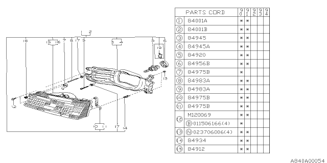 1990 Subaru Legacy Driver Side Headlamp Assembly Diagram for 84004AA070