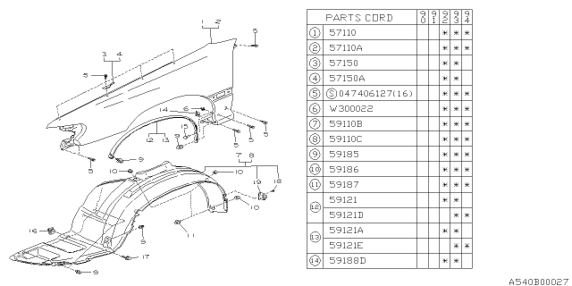 1992 Subaru Legacy Protector Front Arch Diagram for 59121AA080