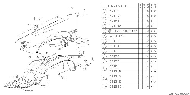 1993 Subaru Legacy Front Fender LH Diagram for 57110AA070