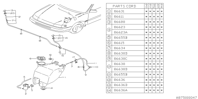 1991 Subaru Legacy Windshield Washer Left Nozzle Assembly Diagram for 86636AA040