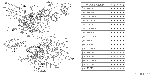 1990 Subaru Legacy Block Assembly Cylinder Diagram for 11008AA020