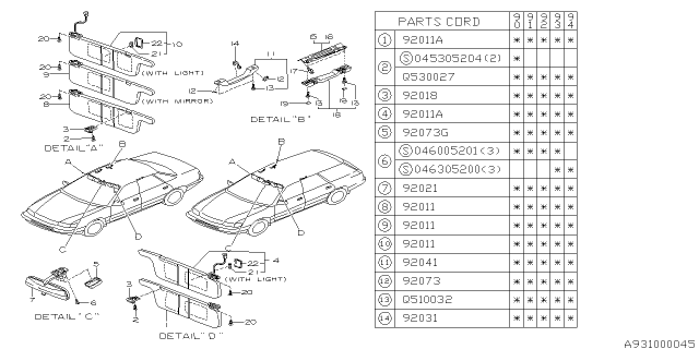 1992 Subaru Legacy Left Sun Visor Assembly Diagram for 92010AA251MK