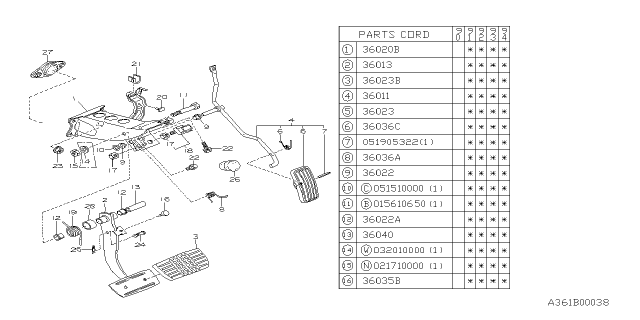 1994 Subaru Legacy Accelerator Pedal Diagram for 36011FA000