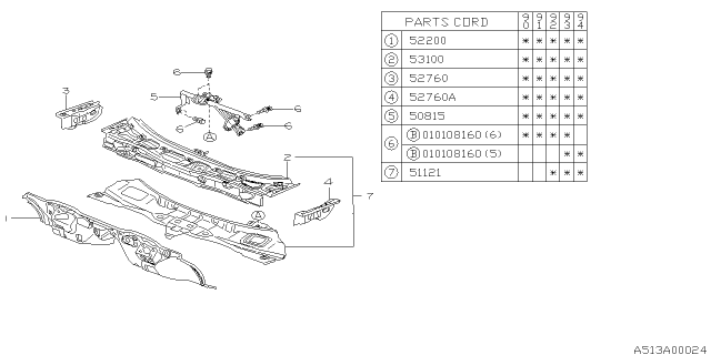 1993 Subaru Legacy Toe Board & Front Panel & Steering Beam Diagram 1