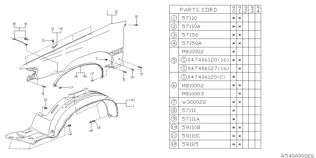 1990 Subaru Legacy PT125695 Stay Front Fender Assembly Diagram for 57130AA130