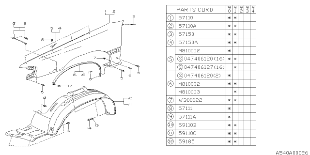 1990 Subaru Legacy PT125695 Stay Front Fender A Diagram for 57130AA120