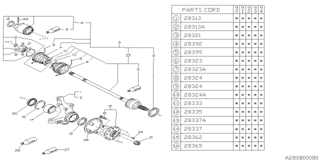 1991 Subaru Legacy Front Drive Shaft Assembly Diagram for 28021AA131