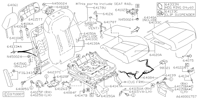 2019 Subaru Ascent Head Rest Assembly Front Diagram for 64061FL02AVH