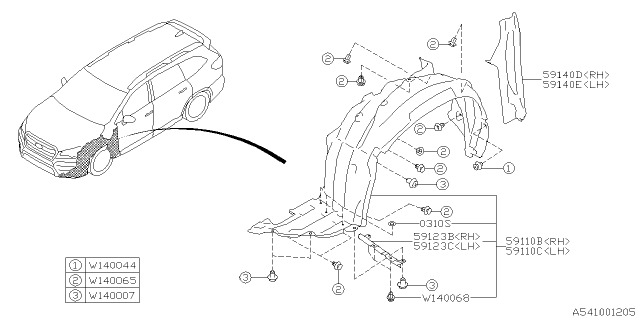 2020 Subaru Ascent Mud Guard Assembly Front LH Diagram for 59110XC01A