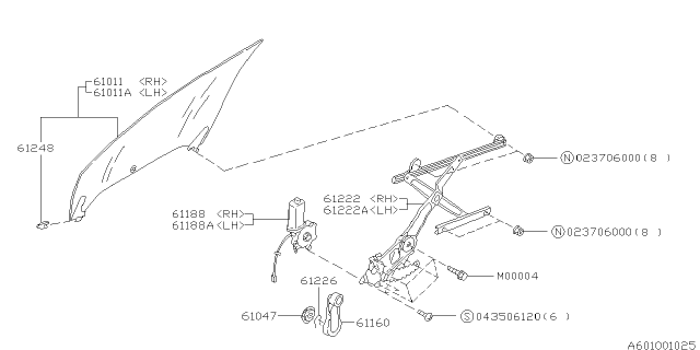 1999 Subaru Legacy Front Door Parts - Glass & Regulator Diagram