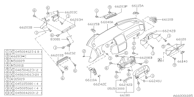 1996 Subaru Legacy Grille Assembly Vent Diagram for 66430AC100RA