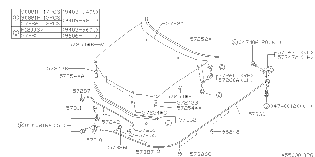 1995 Subaru Legacy Front Hood Lock Assembly Diagram for 57310AC010