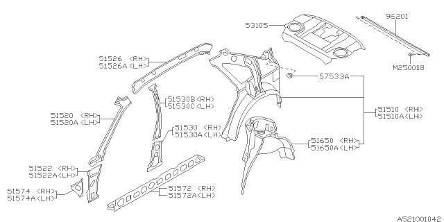 1999 Subaru Legacy Center Pillar Inner Complete Diagram for 51520AC073