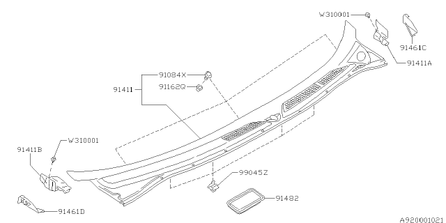 1995 Subaru Legacy COWL Panel Assembly LH Diagram for 91151AC020