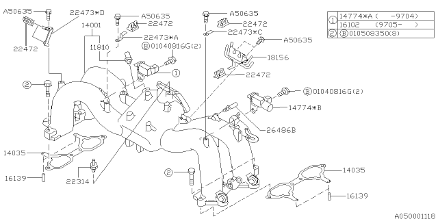 1997 Subaru Outback Manifold Complete Intake Diagram for 14001AA790