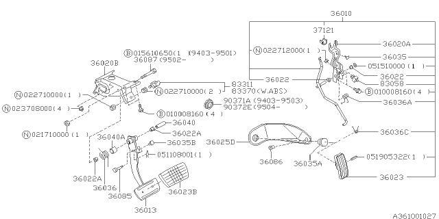 1995 Subaru Legacy Brake Pedal Diagram for 36013AA000