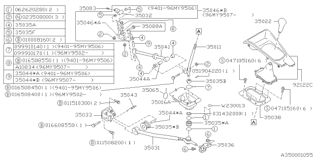 1996 Subaru Legacy Gear Shift Rod Diagram for 35041AC090
