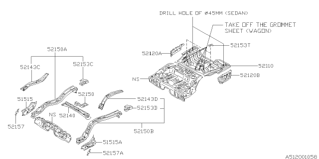 1996 Subaru Legacy Frame Rear Floor Side Complete LH Diagram for 52150AC260