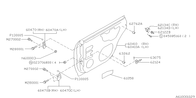 1996 Subaru Legacy Door Panel Complete LH Diagram for 61400AC070