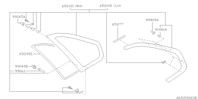 1996 Subaru Legacy Glass Six Light RH Diagram for 65209AC170NI