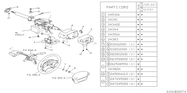 1992 Subaru SVX PT231603 Column Cover Assembly Diagram for 34340PA050MD